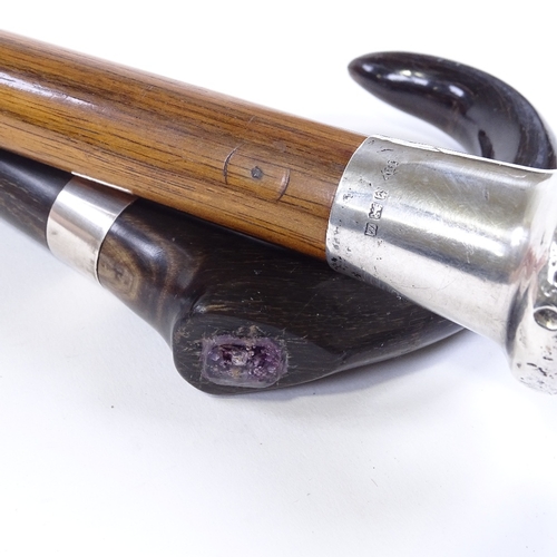 130 - A sectional horn walking stick, and a silver-topped snakewood walking cane