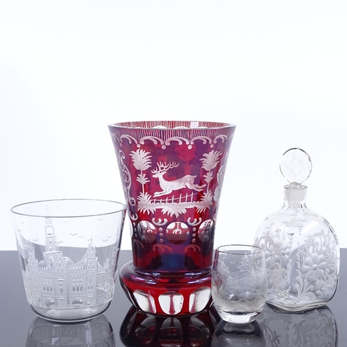 14 - A Bohemian ruby overlay glass vase circa 1870, height 13.5cm, and 3 other pieces of engraved glasswa... 