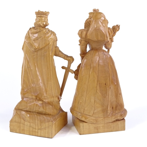 26 - Gino Masero (1915 - 1995 Master Carver), pair of wood carvings of King Arthur and Queen Elizabeth, h... 