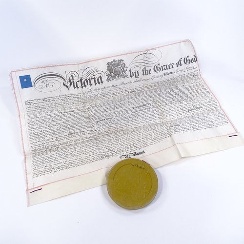 48 - An 1876 vellum indenture with large Victoria wax seal attached, in metal case