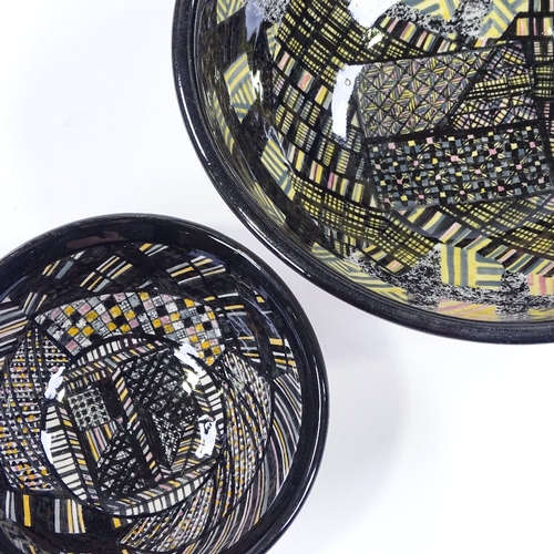 66 - Madoline Keeler (British born 1942), 2 Studio pottery bowls with abstract geometric designs, diamete... 