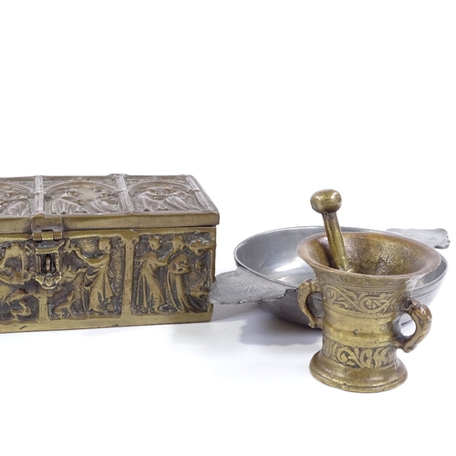 72 - A heavy cast-brass casket with relief moulded panels, length 24cm, a pewter 2-handled bowl, and a sm... 