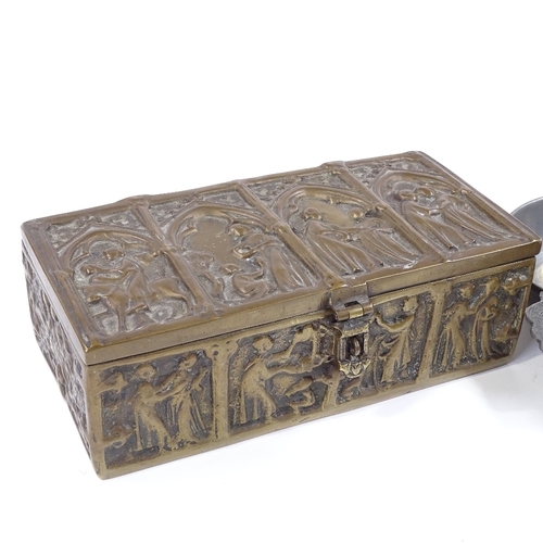 72 - A heavy cast-brass casket with relief moulded panels, length 24cm, a pewter 2-handled bowl, and a sm... 