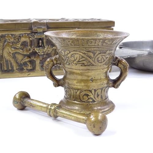 72 - A heavy cast-brass casket with relief moulded panels, length 24cm, a pewter 2-handled bowl, and a sm... 