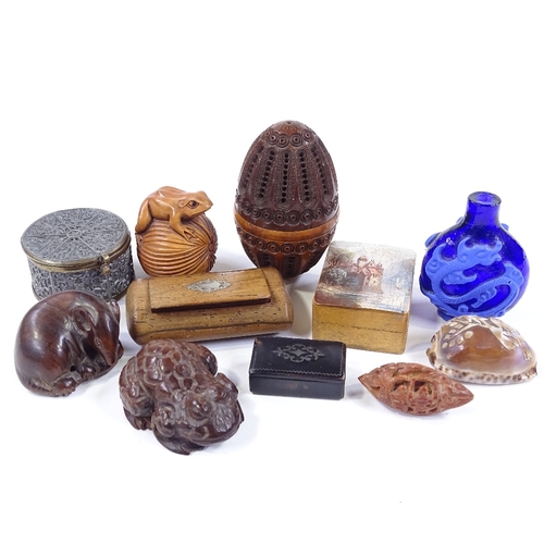 73 - A group of treen and other miniature items, including a 19th century carved and pierced nut box, len... 