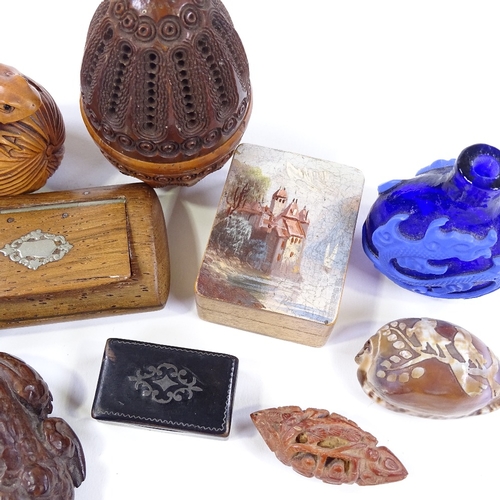 73 - A group of treen and other miniature items, including a 19th century carved and pierced nut box, len... 