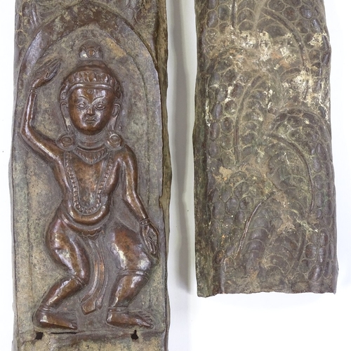 74 - A pair of Oriental bronze furniture mounts with relief-embossed Buddha designs, largest height 41cm