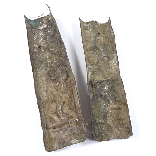 74 - A pair of Oriental bronze furniture mounts with relief-embossed Buddha designs, largest height 41cm