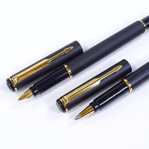 90 - A Parker Rialto matte black/gold trim fountain pen and ballpoint pen, new and boxed