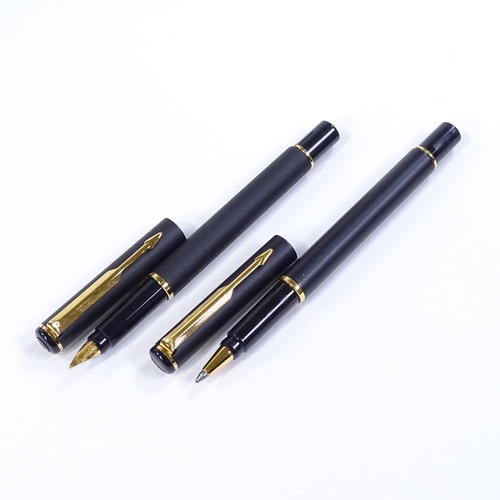 90 - A Parker Rialto matte black/gold trim fountain pen and ballpoint pen, new and boxed