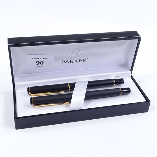 90 - A Parker Rialto matte black/gold trim fountain pen and ballpoint pen, new and boxed