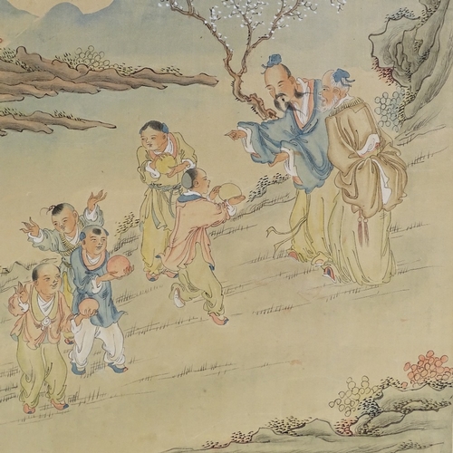 1310 - Chinese School, watercolour on silk, a scholar and pupils with text inscription, 19