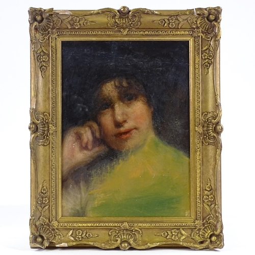 1322 - 19th/20th century oil on canvas laid on board, portrait of a woman, unsigned, 15