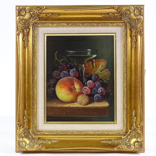 1336 - Raymond Campbell, oil on board, still life fruit and glass, signed, 10