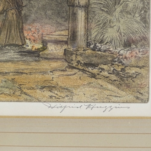 1339 - Wilfred Huggins, coloured etching, monastery scene, plate size 17.5