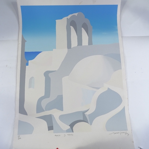 1341 - Ricardo Wolfson, 3 colour screen prints, abstract views of Santorini, signed in pencil, plate size 3... 