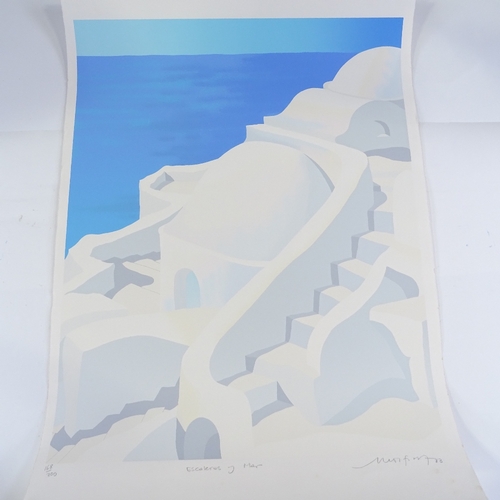 1341 - Ricardo Wolfson, 3 colour screen prints, abstract views of Santorini, signed in pencil, plate size 3... 