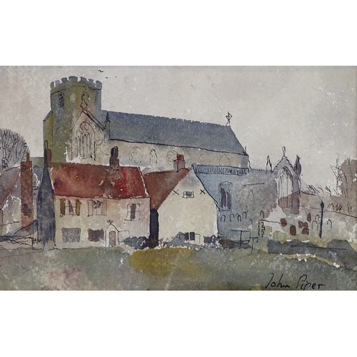 1343 - Attributed to John Piper, watercolour, church, signed, 5.5