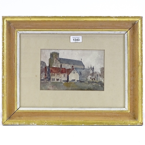 1343 - Attributed to John Piper, watercolour, church, signed, 5.5