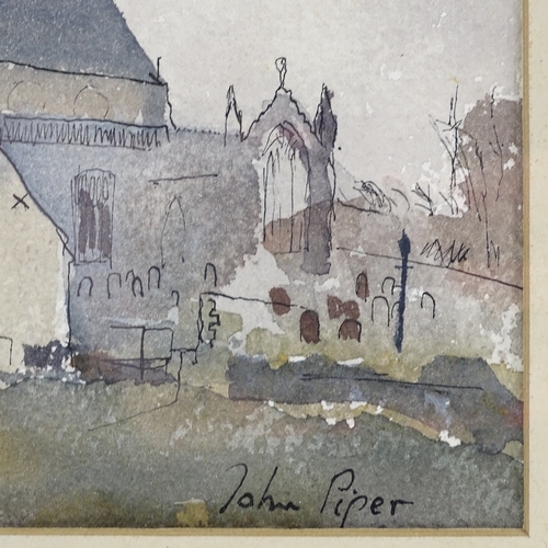 1343 - Attributed to John Piper, watercolour, church, signed, 5.5