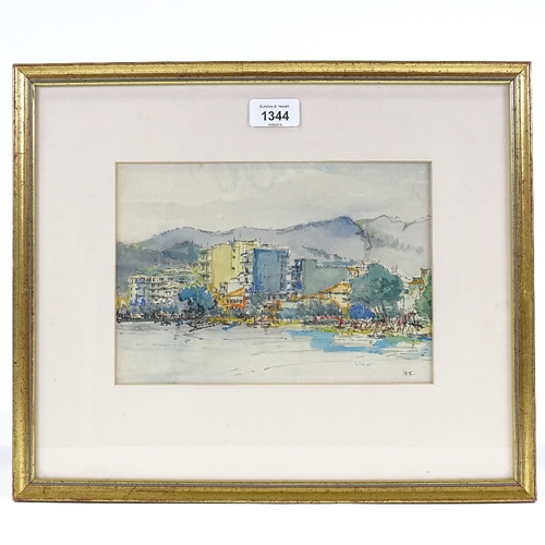 1344 - Sir Hugh Casson, watercolour, Continental beach scene, signed with monogram, 7