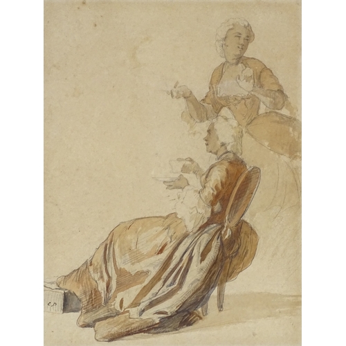 1345 - Attributed to Charles Dagomer (1700 - 1767), pencil and watercolour, 2 ladies drinking tea, signed w... 