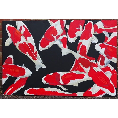 1352 - Clive Fredriksson, oil on canvas, red Koi carp, 31