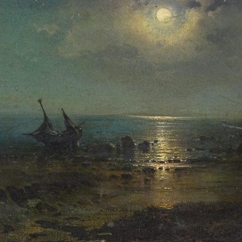 1363 - 19th century oil on panel, moonlit shore scene, unsigned, 9