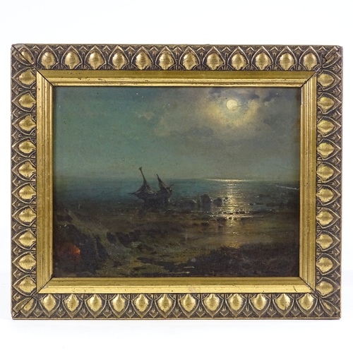 1363 - 19th century oil on panel, moonlit shore scene, unsigned, 9