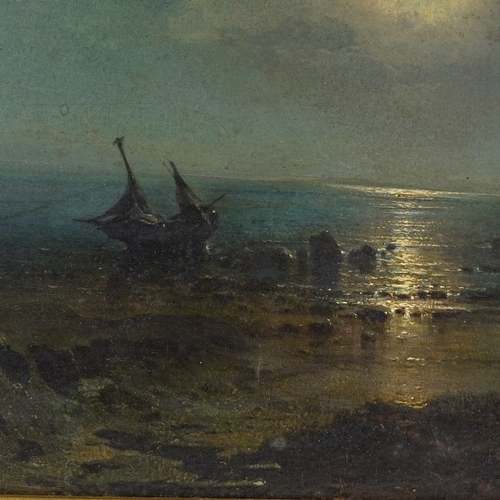 1363 - 19th century oil on panel, moonlit shore scene, unsigned, 9