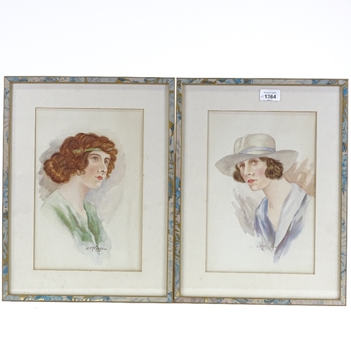 1364 - C McKenzie, pair of watercolours, portraits of women, signed, 12