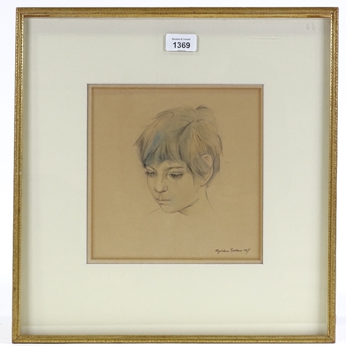 1369 - Carol Bednar, ink and watercolour, portrait of a girl, signed and dated 1957, 8