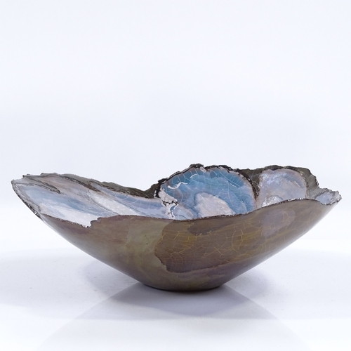 106 - Signe Kolding Studio pottery handmade ice flower design dish, platinum and mother-of-pearl glaze, le... 