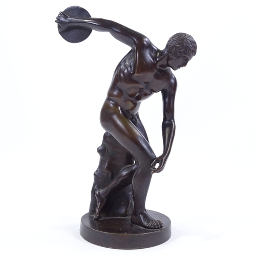 14 - A late 19th century patinated bronze sculpture of a discus thrower, unsigned, height 25cm