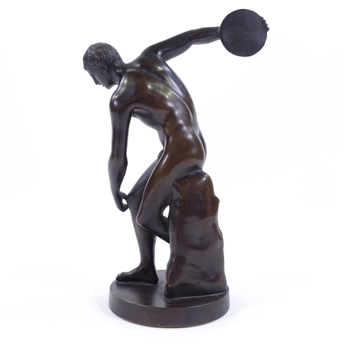 14 - A late 19th century patinated bronze sculpture of a discus thrower, unsigned, height 25cm