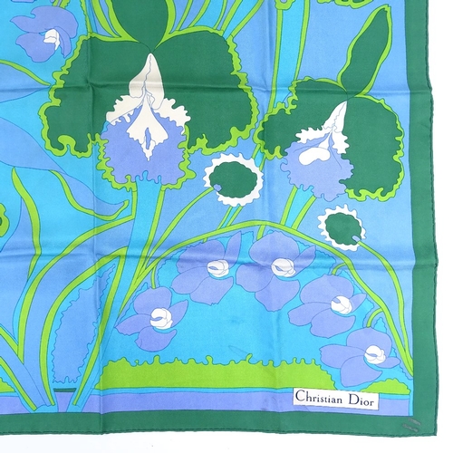 140 - Christian Dior, Vintage blue/green floral pattern silk scarf, 77cm x 77cm