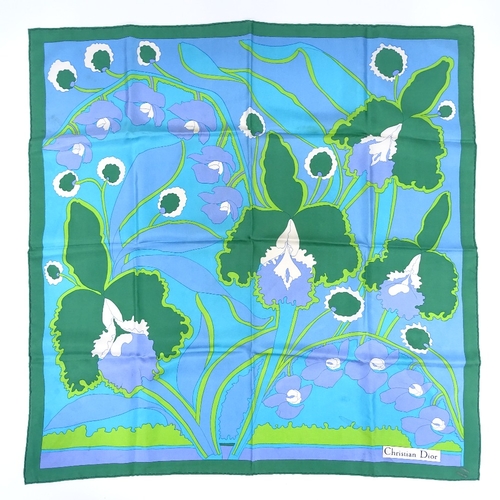 140 - Christian Dior, Vintage blue/green floral pattern silk scarf, 77cm x 77cm