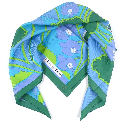 140 - Christian Dior, Vintage blue/green floral pattern silk scarf, 77cm x 77cm