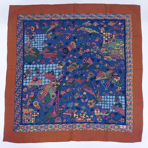 145 - Liberty of London, blue/pink/brown Chinese design silk scarf, 87cm x 87cm