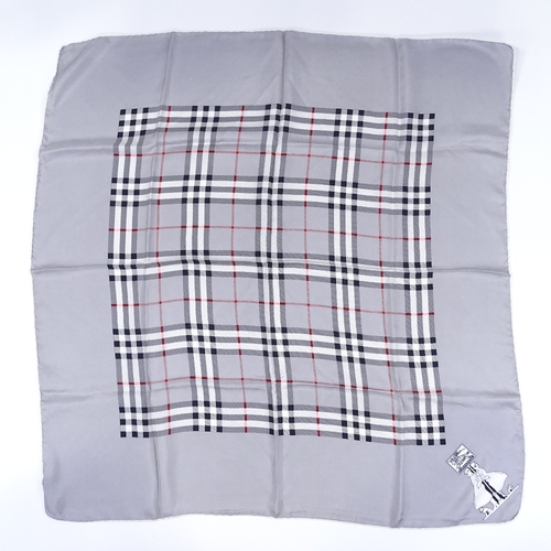 147 - Burberry, silver/grey check design silk scarf, 75cm x 75cm