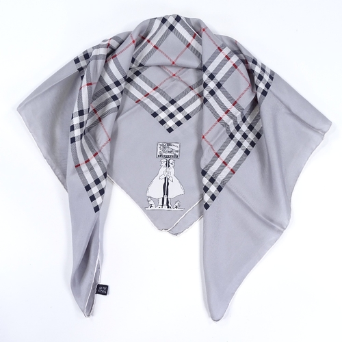 147 - Burberry, silver/grey check design silk scarf, 75cm x 75cm