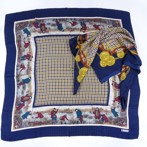 149 - Aquascutum, 2 check silk scarves, both with navy borders, 87cm square, and 77cm square