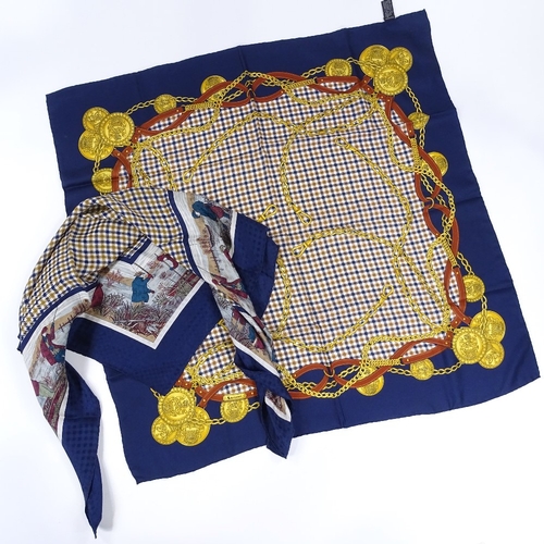 149 - Aquascutum, 2 check silk scarves, both with navy borders, 87cm square, and 77cm square