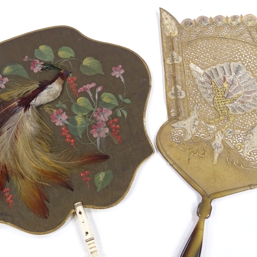 156 - A 19th century fan with feather and painted screen, and bone handle, and an Indian gilded and pierce... 