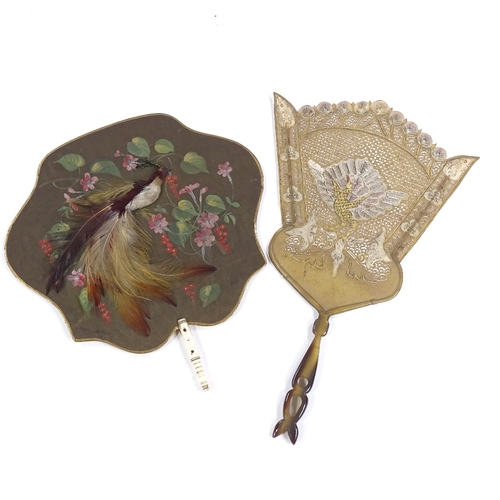 156 - A 19th century fan with feather and painted screen, and bone handle, and an Indian gilded and pierce... 