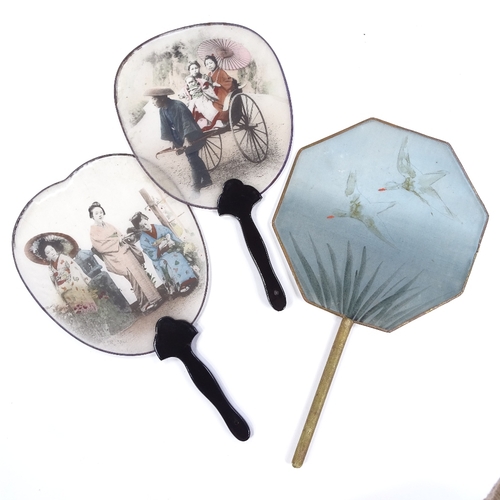 157 - 3 Japanese fans, 2 with hand coloured photographic panels, and 1 with painted silk screen (3)