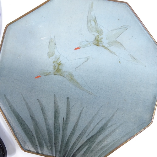 157 - 3 Japanese fans, 2 with hand coloured photographic panels, and 1 with painted silk screen (3)