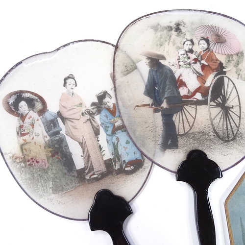 157 - 3 Japanese fans, 2 with hand coloured photographic panels, and 1 with painted silk screen (3)