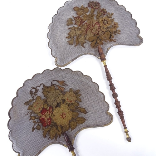 158 - A pair of 19th century fans with embroidered screens and turned wood handles, length 38cm