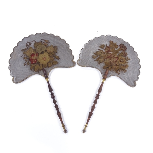 158 - A pair of 19th century fans with embroidered screens and turned wood handles, length 38cm